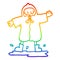 A creative rainbow gradient line drawing cartoon person splashing in puddle wearing rain coat