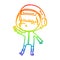 A creative rainbow gradient line drawing cartoon spacegirl making peace sign