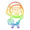 A creative rainbow gradient line drawing cartoon surprised astronaut holding moon rock