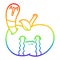 A creative rainbow gradient line drawing cartoon worm eating an apple