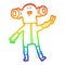 A creative rainbow gradient line drawing friendly cartoon alien giving peace sign