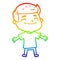 A creative rainbow gradient line drawing happy cartoon man with open arms