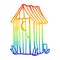 A creative rainbow gradient line drawing traditional outdoor toilet with crescent moon window