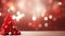 Creative red christmas tree with balls and glitter on blurred, sparkling lights background