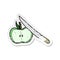 A creative retro distressed sticker of a cartoon apple being sliced