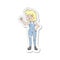 A creative retro distressed sticker of a cartoon determined woman clenching fist