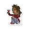 A creative retro distressed sticker of a cartoon unhappy woman with glass of wine