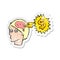 A creative retro distressed sticker of a thinking of ways to make money cartoon