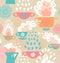 Creative seamless kitchen pattern Background with cups, teapots, coffee and pan, saucepan