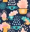 Creative seamless kitchen pattern Background with cups, teapots, coffee and pan, saucepan