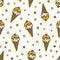 Creative seamless pattern with ice cream in wafer, waffle or sugar cone. Backdrop with delicious frozen dessert. Vector