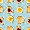 Creative seamless pattern or set of toasted bread with tasty different jam on light blue color background
