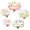 Creative set of five different watercolor retro caravans hand drawn in a fun children illustration style