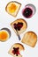 Creative set of toasted bread with tasty different jam isolated on a white background
