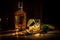 A creative shot of a tequila bottle and glass in a dramatic lighting setup, giving the impression of a high-end luxury product.