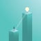 Creative solution business vector concept with businessman climbing on ladder to a light bulb.