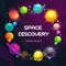 Creative space background with cartoon colorful fantasy planets. Astronomy concept background.