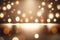 Creative sparkling dance floor stage, empty podium, dark golden background with lights, glittering confetti and bokeh