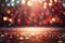 Creative sparkling dance floor stage, empty podium, red golden background with lights, glittering confetti and bokeh