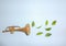 Creative spring concept of leaves and trumpet with pastel blue background. Music creative concept composition with copy space.