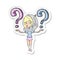 A creative sticker of a cartoon spacewoman asking questions