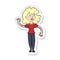 A creative sticker of a cartoon worried woman waving