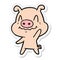 A creative sticker of a nervous cartoon pig waving