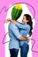 Creative strange picture collage of two people lovers young lady hug embrace sweetheart guy with green cactus face