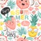 Creative summer collage. Contemporary seamless pattern with cute pineapple, peach, strawberry, dragon fruit characters with kawaii