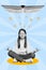 Creative surreal collage of school child meditate harmony learn textbook materials isolated paint color background