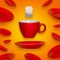 Creative surreal design with a red coffee cup and saucer and tea bag