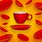 Creative surreal design with a red coffee cup and saucer on a yellow background