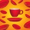 Creative surreal design with a red coffee cup and saucer on a yellow background