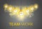 Creative team concept, group of five shining light bulbs represents idea of creative people teamwork having ideas working together