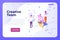 Creative Team web design page template, vector. Creative isometric people make a brainstorming with puzzle 3d elements