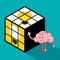 Creative thinking idea concept decorative with human brain cartoon charactor standing next to light bulb Rubikâ€™s cube