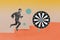 Creative trend collage illustration of funny businessman running to collect more points in darts game isolated over