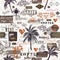 Creative trendy pattern with retro labels, palms, ornament