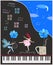 Creative vector illustration with black concert grand piano, winged fairy and fairy ballerina, blue cosmos flowers, musical notes