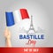Creative vector Illustration, Card, Banner Or Poster For The French National Day. Happy Bastille Day. Hand holding France flag