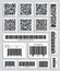 Creative vector illustration of QR codes, packaging labels, bar code on stickers. Identification product scan data in shop. Art de