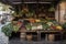 creative vegetable stand with fruits, vegetables, and herbs on display in urban market