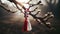 Creative vibrant red and white Martisor, Martenitsa tied to blooming branch in soft sunlight springtime. Traditional Moldavian,