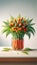 Creative and vibrant tulip bouquet in a carrot vase with ferns. Unique spring floral concept