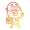 A creative warm gradient line drawing cartoon crazy happy man with beard and gift under arm