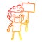 A creative warm gradient line drawing cartoon man crying holding sign
