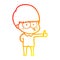 A creative warm gradient line drawing curious cartoon boy giving thumbs up sign