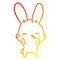 A creative warm gradient line drawing curious waving bunny cartoon