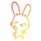 A creative warm gradient line drawing curious waving bunny cartoon