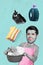 Creative weird collage template of unhappy guy feel fatigue have chores laundry iron duty